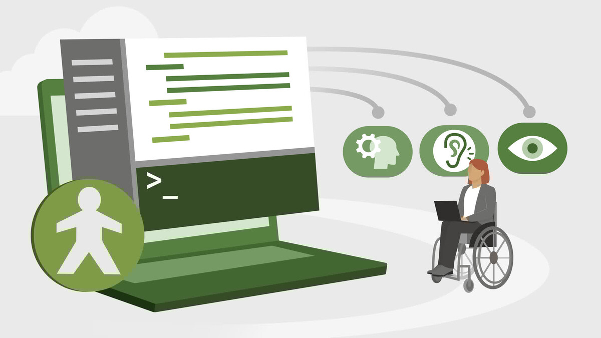 Abstracted thumbnail of wheelchair user gazing at a code editor with terminal open, surrounded by accessibility-adjacent icons.